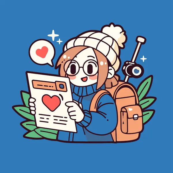 Sırt çantası, seyahat ve kalple aşk mektubu okuyan bir kız.