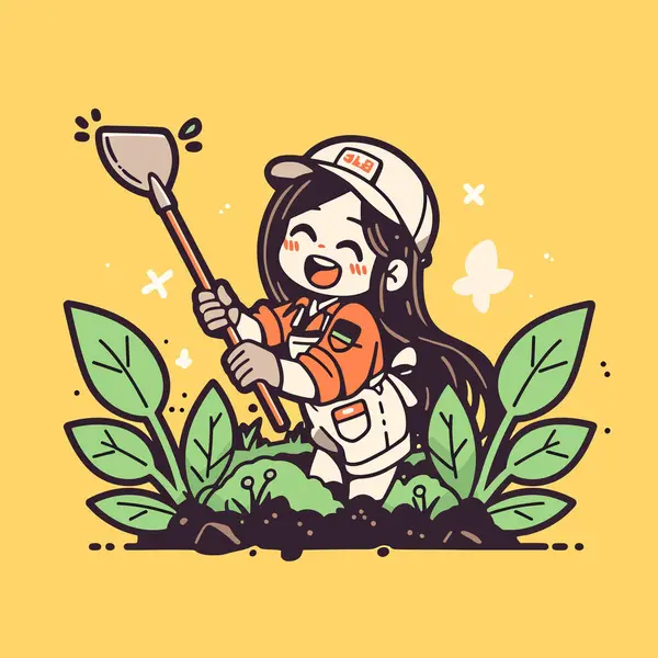 Kürek ve Bitkilerle Mutlu Karikatür Bahçıvanı