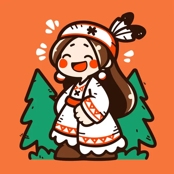 Chibi Amerikan Yerlisi Ormanda Gülümseyen Kız