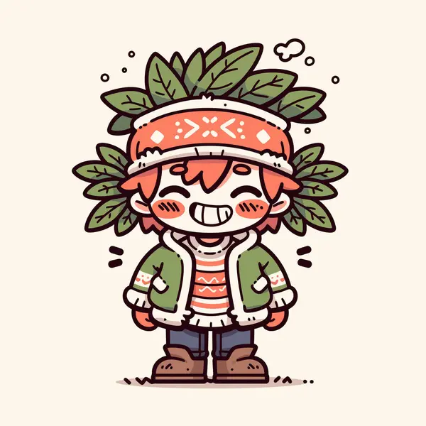 Yapraklı ve Gülümseyen Yüzlü Mutlu Kış Çocuğu