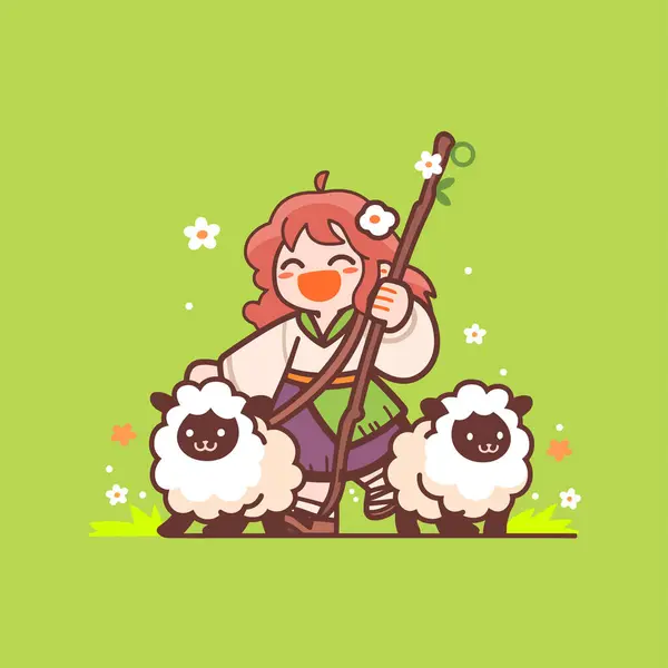 Koyunlu neşeli çoban yemyeşil bir tarlada