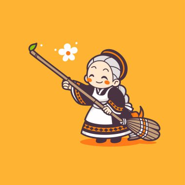 Süpürge ve çiçekli sevimli yaşlı cadı.