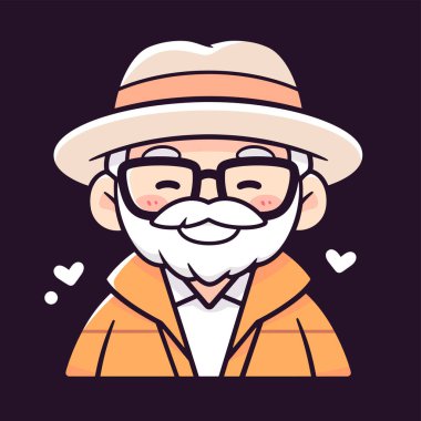 Şapkalı ve gülümseyen yüzlü yaşlı bir adamın şirin bir çizimi.