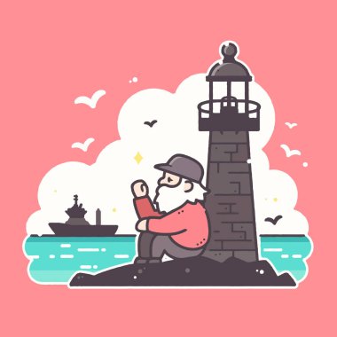 Deniz fenerinin yanında oturan yaşlı adam