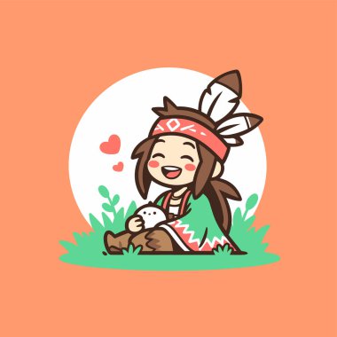 Küçük bir kuşla Chibi Yerli Amerikan Çocuğu