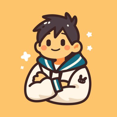 Denizci kıyafetli sevimli anime çocuk gülümsüyor.