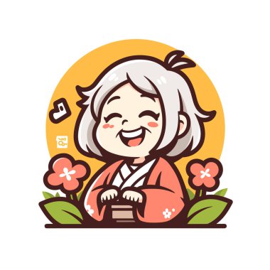 Çiçekli ve Müzikal Notalı Mutlu Yaşlı Kadın