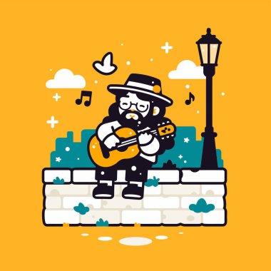 Şehirde sokak lambası altında gitar çalan bir sokak çalgıcısı.