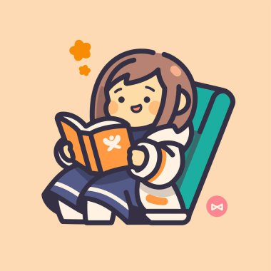 Kitap okuyan sevimli bir çizgi film kızı.