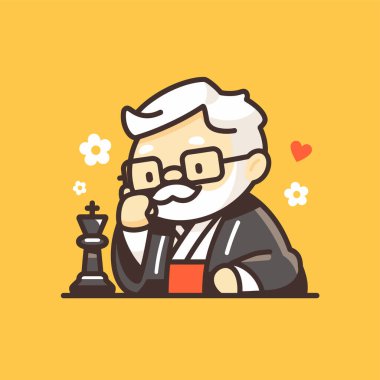 Sevimli Çizgi film Yaşlı Adam Satranç Hamlesi Düşünüyor