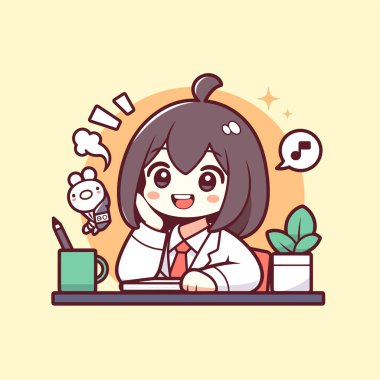 Tatlı anime kız ve tavşan pelüşü masasında rüya görüyor.