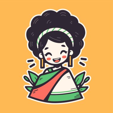 Afro saçlı ve geleneksel giysili sevimli bir karikatür kadın.