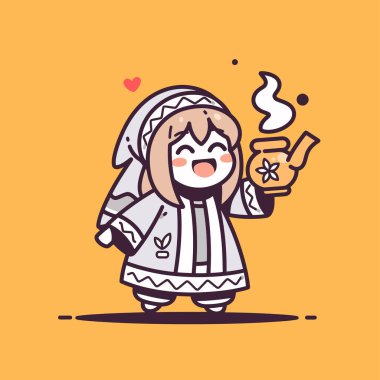 Neşeli Chibi Karakteri Buharlı Bir Çaydanlık Tutuyor