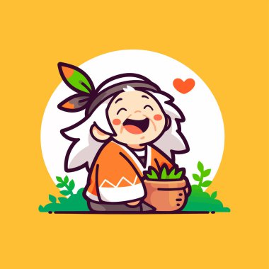 Bitki saksısı olan mutlu kızılderili büyükannesi