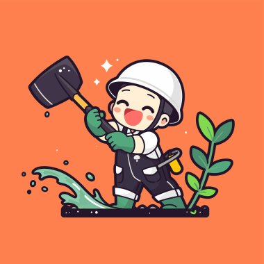 Neşeli çizgi film bahçıvanı Ağaç dikiyor