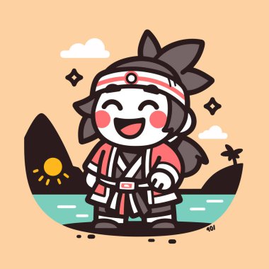 Neşeli Karateci Çocuk güneşli bir adada