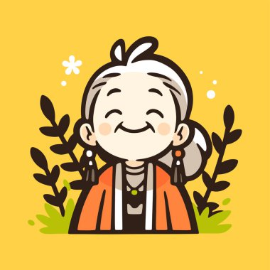 Beyaz saçlı ve gülümseyen yaşlı bir kadının neşeli karikatürü.