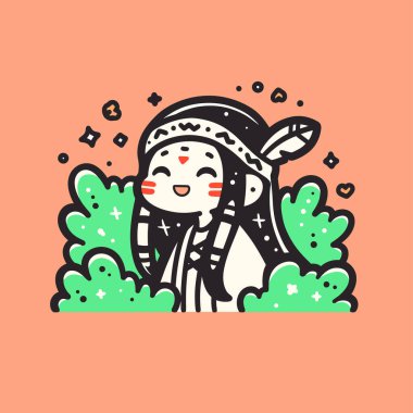 Tüylü, gülümseyen, çalılarla çevrili Amerikan yerlisi Chibi kızı.