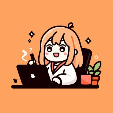 Anime Kız Sanatçısı Dizüstü bilgisayar üzerinde çalışıyor Dijital Sanat Oluşturuyor