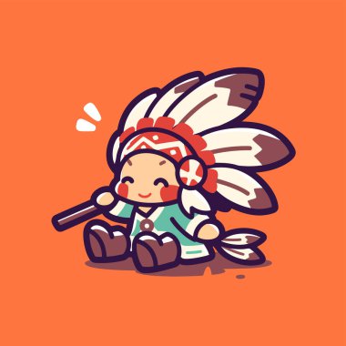 Başlığı ve değneği olan Amerikan Yerlisi şirin bir çizgi film..