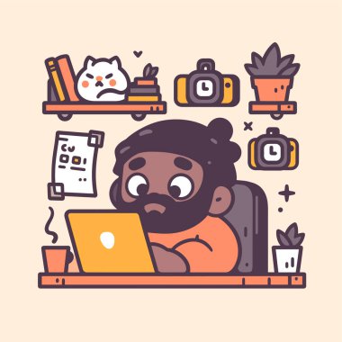 Masasında kediler, bitkiler ve kahveyle dizüstü bilgisayarda çalışan bir adam..