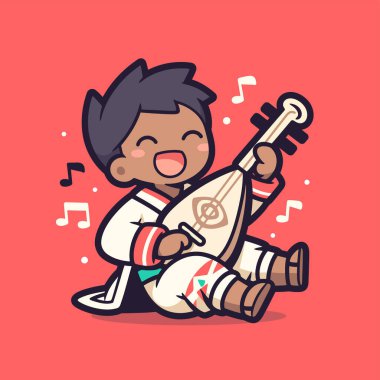 Chibi müzisyeni neşeli bir ifadeyle 