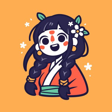 Saçları örgülü, çiçekli aksesuarları olan sevimli bir anime kızı.