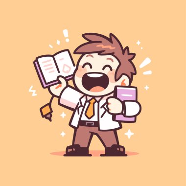 Coşkulu Çizgi Film Karakteri Bir Kitap Tutuyor ve Kutluyor