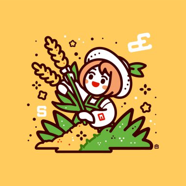 Çizgi film Çiftçisi Altın Tarlada Buğday Topluyor