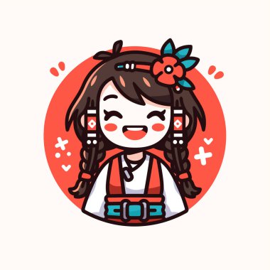 Hanbok 'ta örgülü ve çiçek saçlı tatlı Koreli kız.