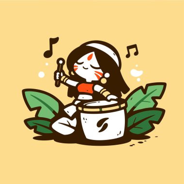 Tropik bir ortamda davul çalan sevimli çizgi film kızı.