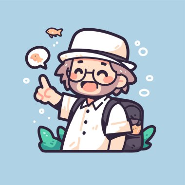 Düşünce balonunda balık tutan mutlu balıkçı.