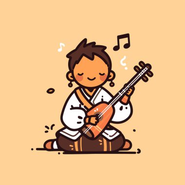 Müzik notalarıyla sitar çalan sevimli bir çizgi film müzisyeni.