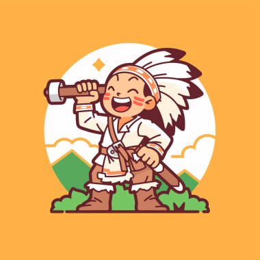 Tomahawk tutan neşeli Amerikan Yerlisi.