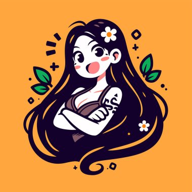 Uzun siyah saçlı ve çapraz kollu Anime Kız