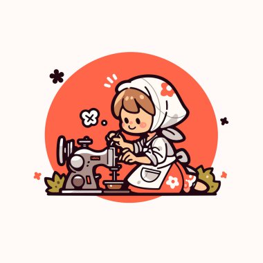 Dikiş Makineli Sevimli Karikatür Terzisi