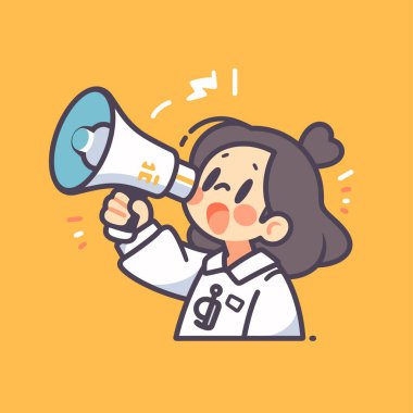 Megafonlu bir kız bir şey duyuruyor.