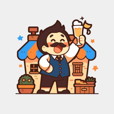 Mutlu bar sahibi bira bardağı kaldırıyor.