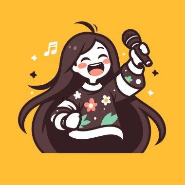 Mutlu çizgi film kızı mikrofonla şarkı söylüyor.