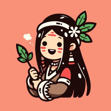 Yaprak ve Çiçekli Chibi Amerikan Yerlisi Kadın