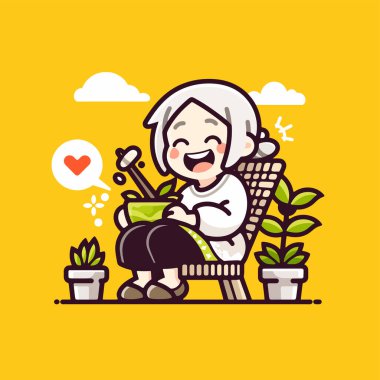 Mutlu büyükanne bahçesinin tadını otlarla çıkarıyor.