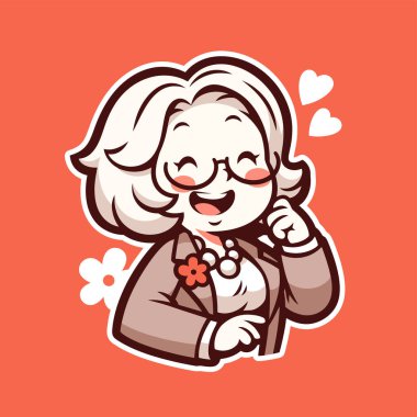 Gülen Yaşlı Kadın Karikatürü Kalpli ve Çiçekli