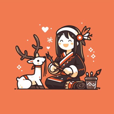 Geyik Çizimleriyle Resim Yapan Amerikan Yerlisi Kız