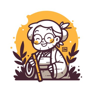 Bambu Çubuğu ve Çiçek Aksanlı Büyüleyici Yaşlı Kadın Çizgi Filmi