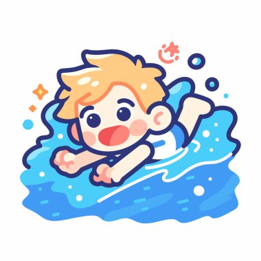 Havuzda neşeyle yüzen sevimli çizgi film çocuğu.