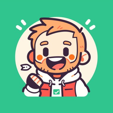 Kırmızı ceketli, sakallı ve gülümseyen mutlu bir adamın çizgi film karakterinin vektör çizimi..