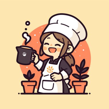 Çizgi filmdeki tatlı şef kız çayını esrar vektör illüstrasyonunda yapıyor.