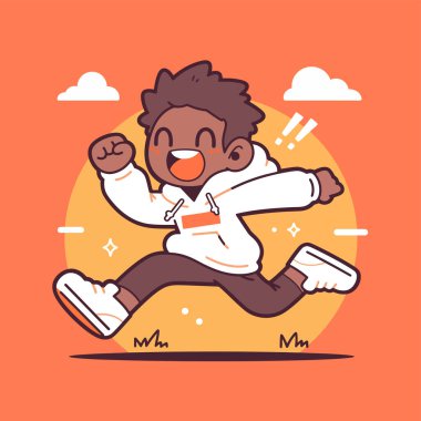 Şehirde koşuşturan mutlu küçük çocuk, vektör çizimi