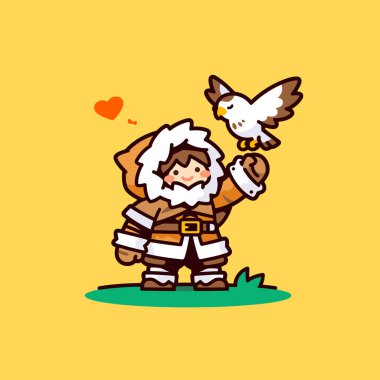 Bir kuşla sevimli çizgi film karakteri