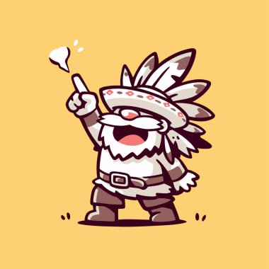 Amerikan yerlisi şirin Viking çizgi film karakteri elinde elinde boynuzları ve tüyleri olan bir kılıç tutan Amerikan şapkası ve yıldızı.